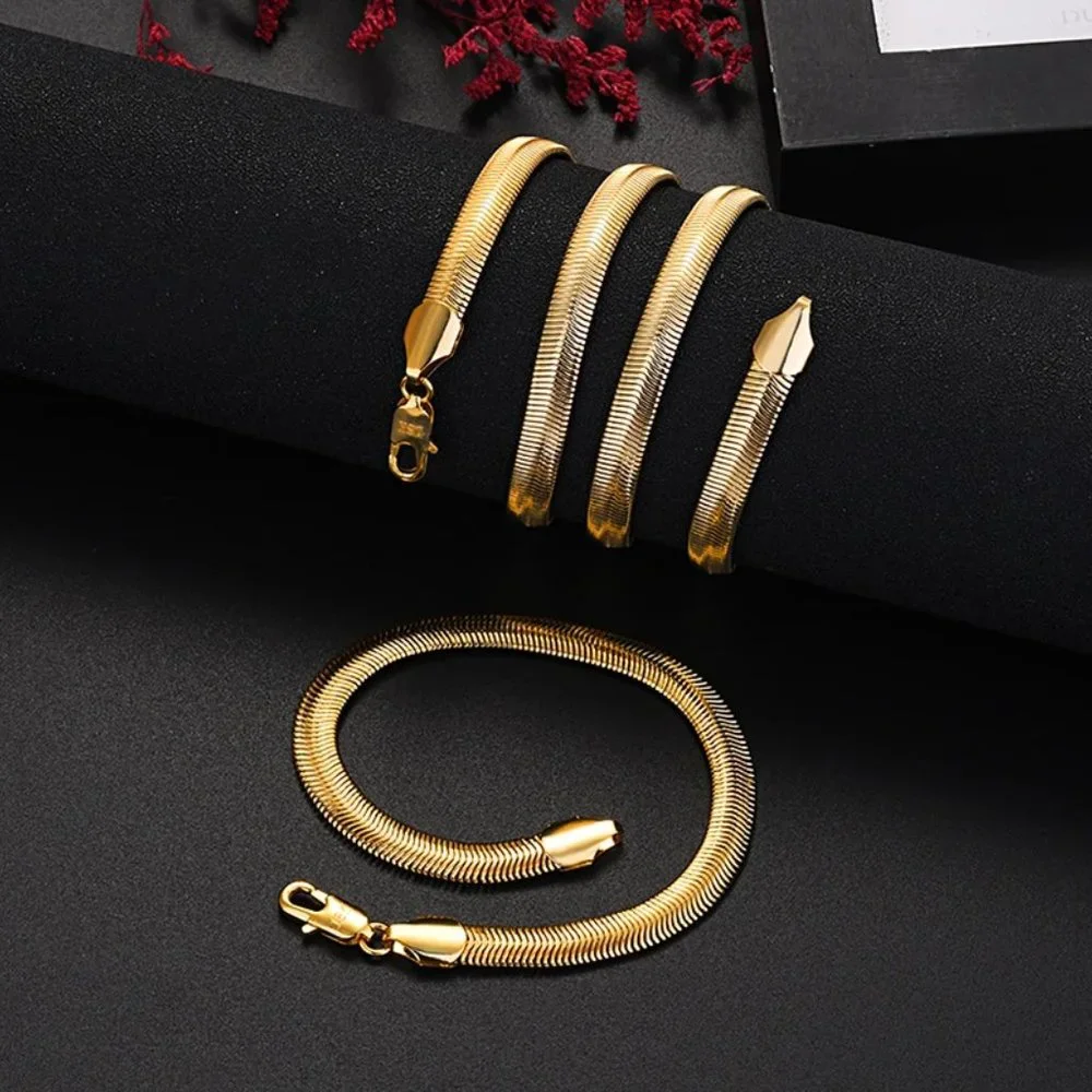 20 Inch Herringbone Necklace and 8 inch Bracelet Set 6mm Wide 18K Yellow Gold